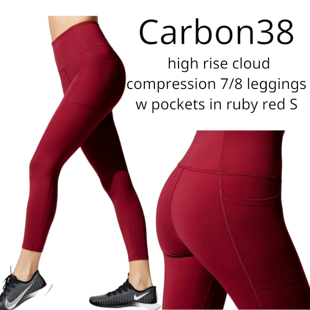 Carbon38 Women's high rise cloud compression 7/8 leggings pockets ruby red S